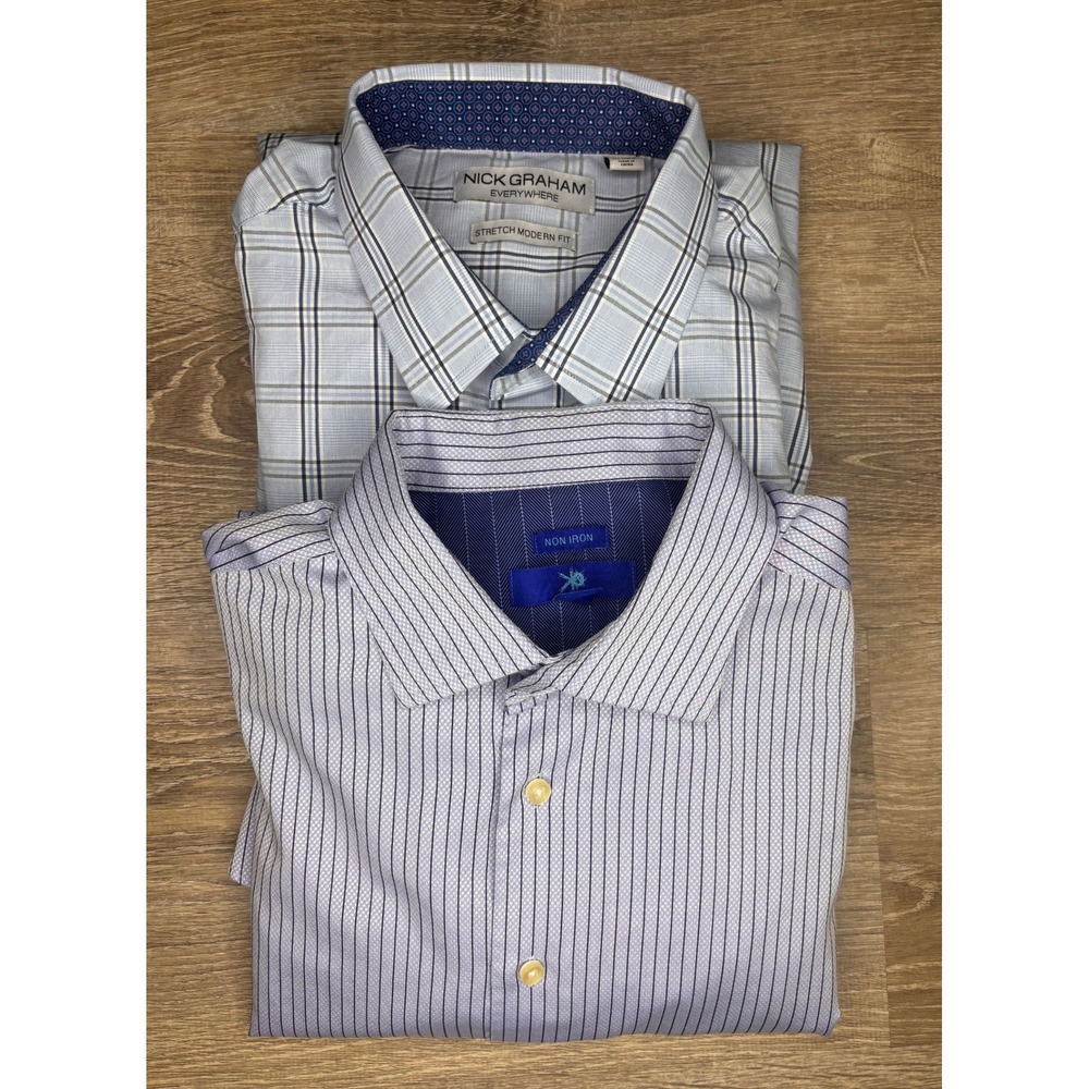 Nick Graham Mens Button Down Shirt Bundle Plaid & Pinstripe Blue White Size XL
